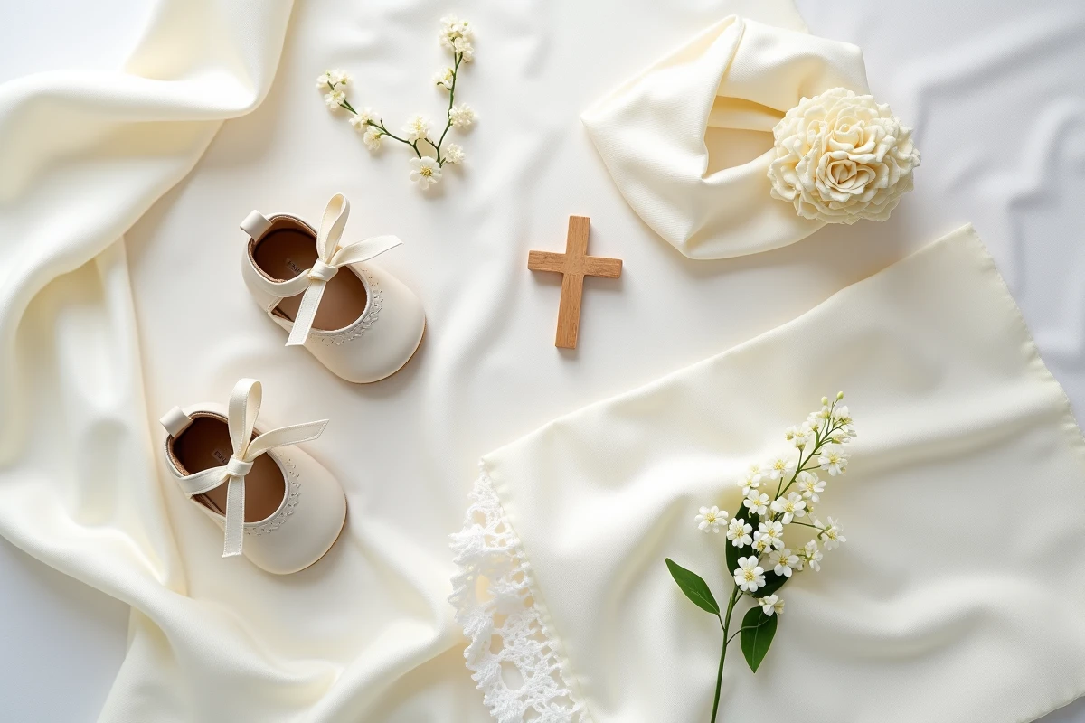 Flat lay d'accessoires de baptême pour bébé fille : chaussures en cuir blanc, bandeau fleuri, cape en satin et croix en bois
