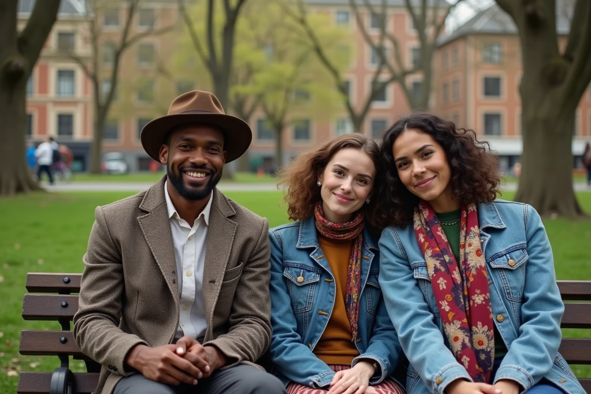 Trois amis en vêtements vintage assis dans un parc urbain