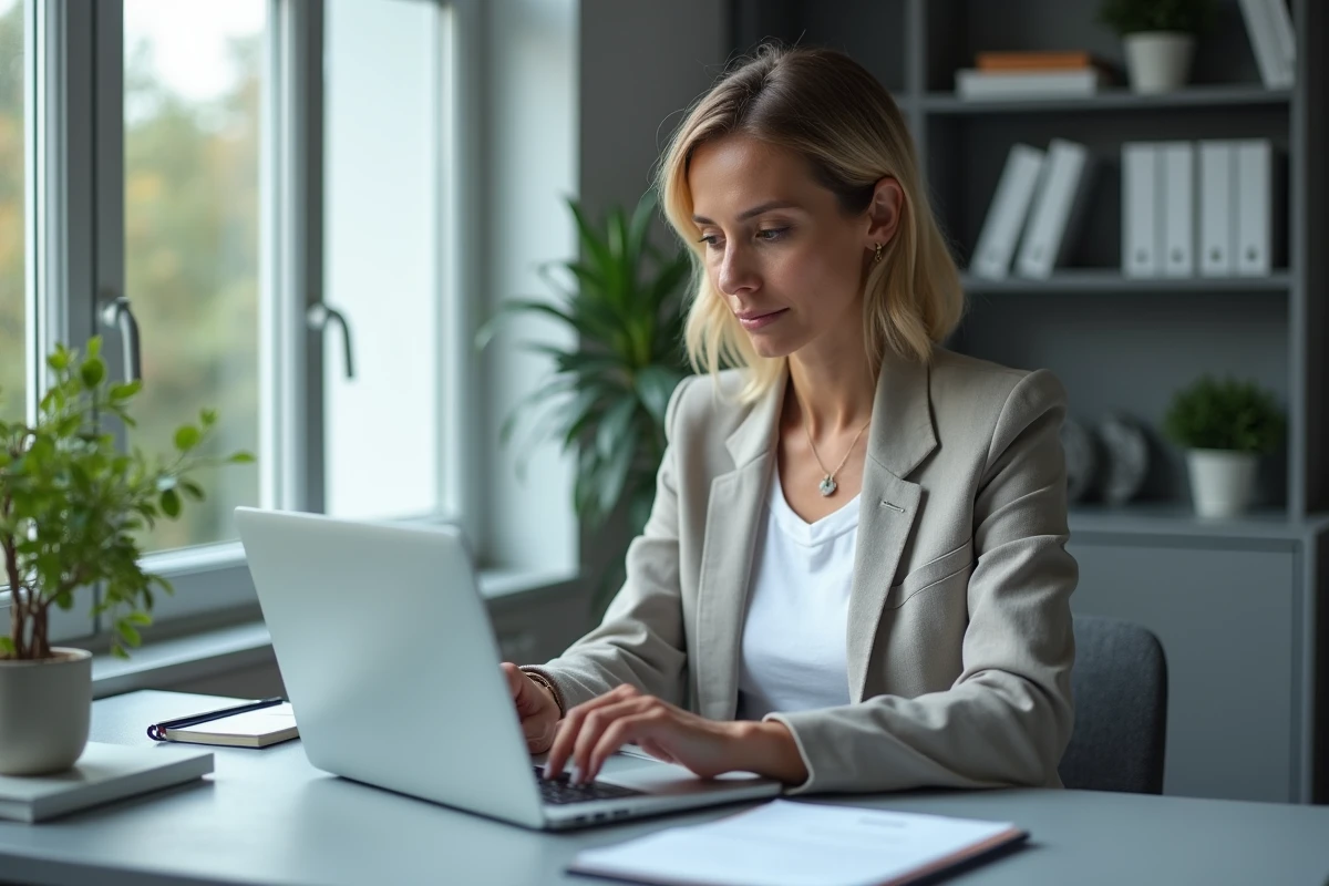 Femme analysant une fiche produit en ligne sur ordinateur portable dans un bureau à domicile