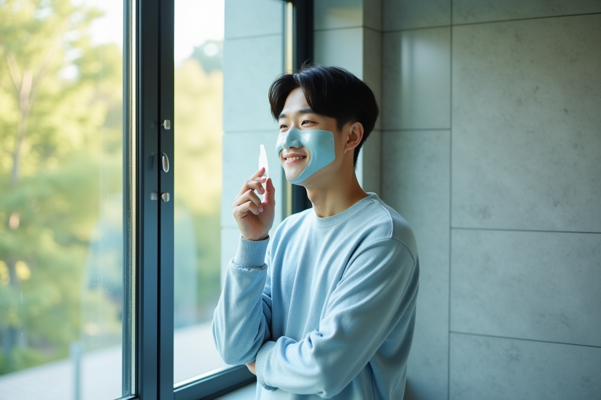 Homme koreen posant un masque visage dans une salle lumineuse