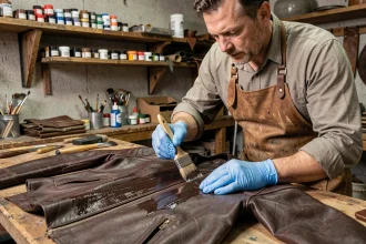 Artisan appliquant une peinture cuir professionnelle sur une veste en cuir marron dans un atelier de maroquinerie