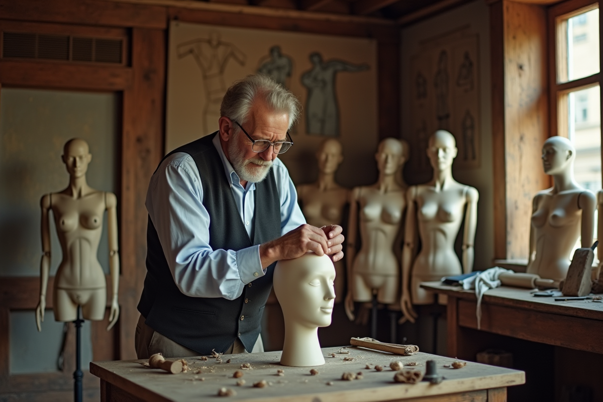 Artisan sculptant un mannequin dans un atelier ancien