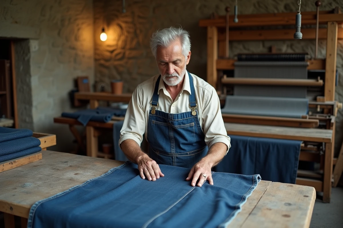 Artisan textile expérimenté inspectant un tissu denim brut selvedge dans un atelier de tissage historique aux murs en pierre