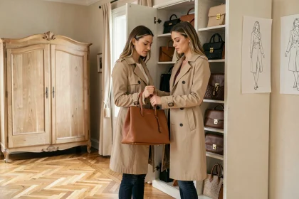 Femme élégante en imperméable beige choisissant un sac cabas en cuir structuré dans une armoire parisienne, conseils association sac et tenue