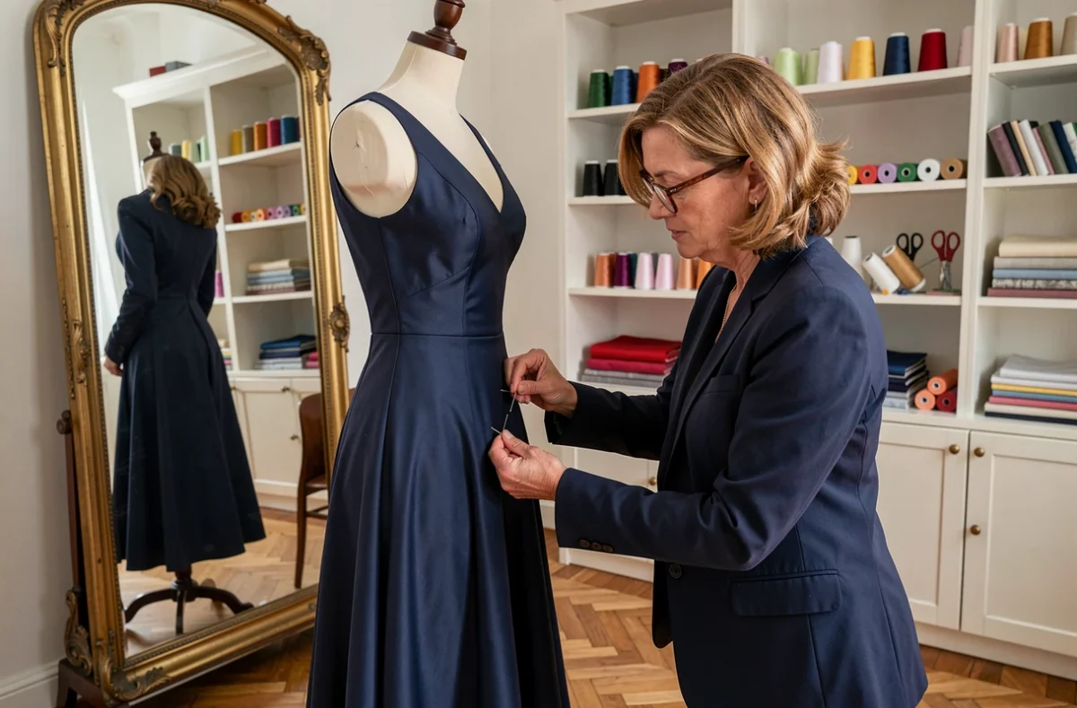 Couturière professionnelle de L'Atelier d'Aline à Metz épinglant l'ourlet d'une robe de soirée sur un mannequin