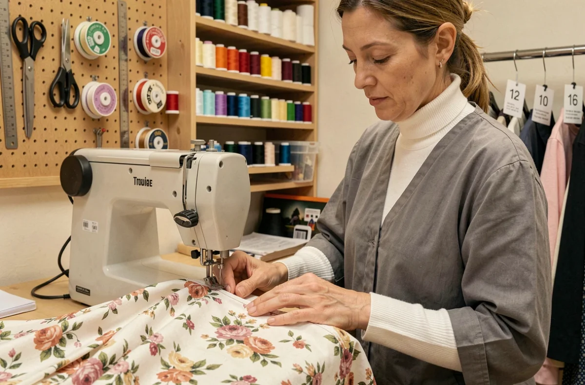 Spécialiste en retouches de l'Atelier C. à Troyes cousant l'ourlet d'une robe fleurie sur une machine à coudre industrielle