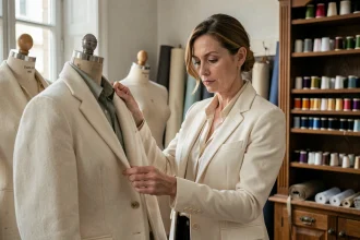 Créatrice de mode dans un atelier parisien inspectant une veste de haute couture