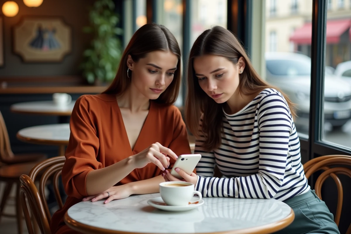 Deux femmes discutant de la fiabilité d'un site de mode sur smartphone dans un café parisien