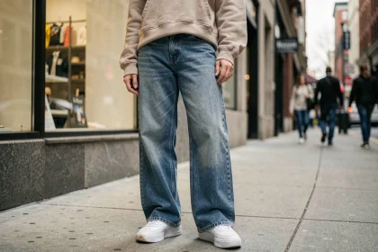 Jeune femme portant un baggy jean indigo et des baskets blanches chunky dans une rue urbaine