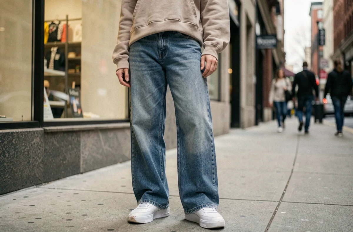 Jeune femme portant un baggy jean indigo et des baskets blanches chunky dans une rue urbaine