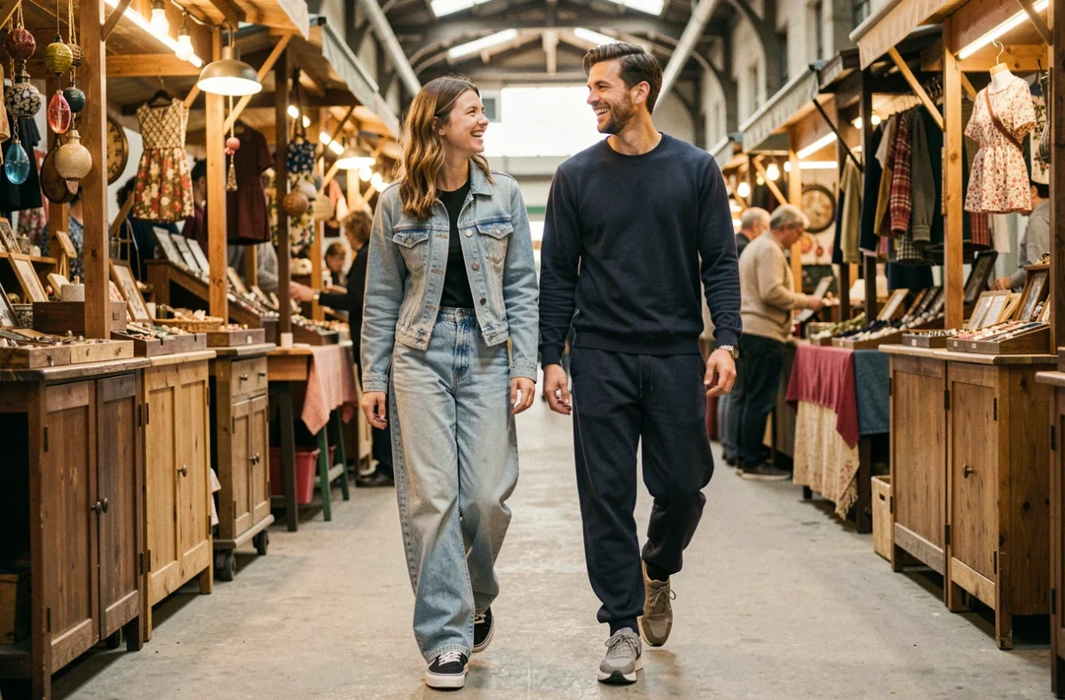 Deux amis en baggy jeans et baskets marchant dans un marché vintage intérieur