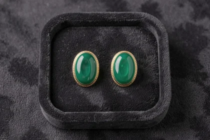 Paire de boucles d'oreilles Potala style Dragon Ball avec pierre ovale verte et monture dorée sur plateau velours noir, vue de dessus