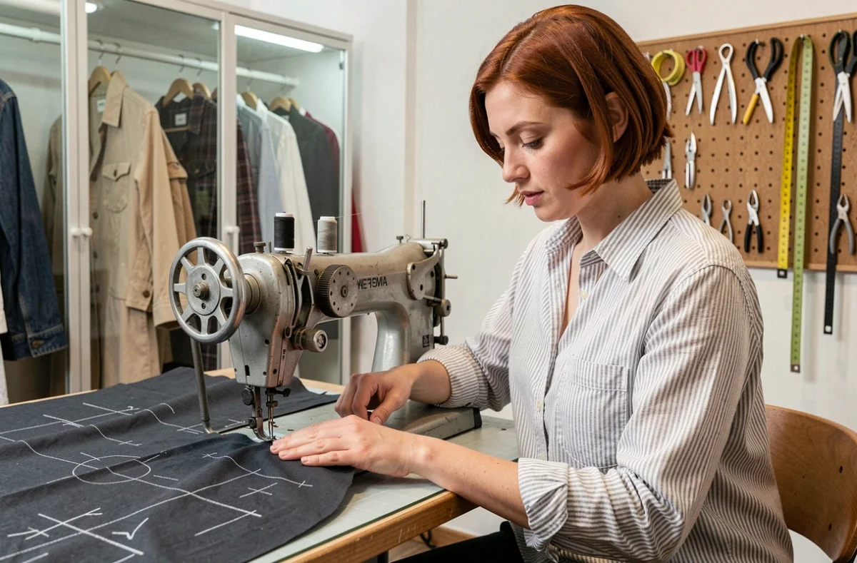 Couturière de Bout d'Fil à Reims enfilant une machine à coudre dans son atelier de retouches