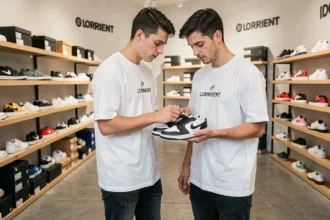 Jeune homme examinant des sneakers en édition limitée dans une boutique Snatch à Lorient