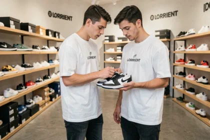 Jeune homme examinant des sneakers en édition limitée dans une boutique Snatch à Lorient