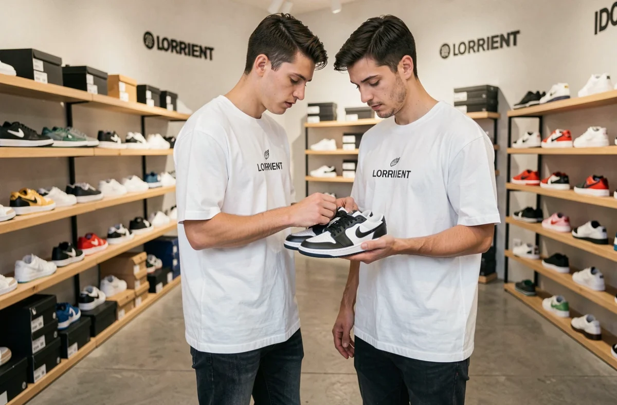 Jeune homme examinant des sneakers en édition limitée dans une boutique Snatch à Lorient