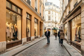 Rue commerçante lyonnaise avec plusieurs boutiques de créateurs indépendants aux vitrines élégantes