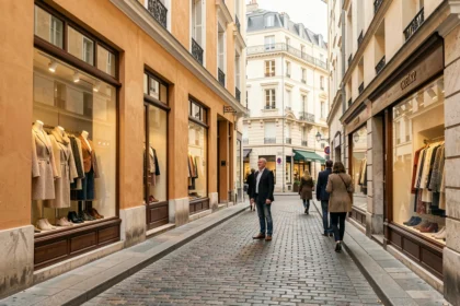 Rue commerçante lyonnaise avec plusieurs boutiques de créateurs indépendants aux vitrines élégantes