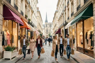 Rue commerçante pittoresque de Chartres en Eure-et-Loir avec boutiques de vêtements et passants élégants