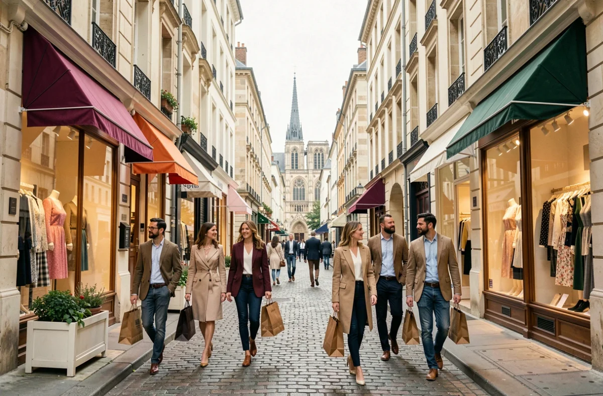 Rue commerçante pittoresque de Chartres en Eure-et-Loir avec boutiques de vêtements et passants élégants