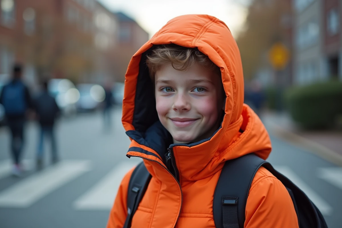 Adolescent portant une capuche doudoune haute visibilité orange près d'un passage piéton