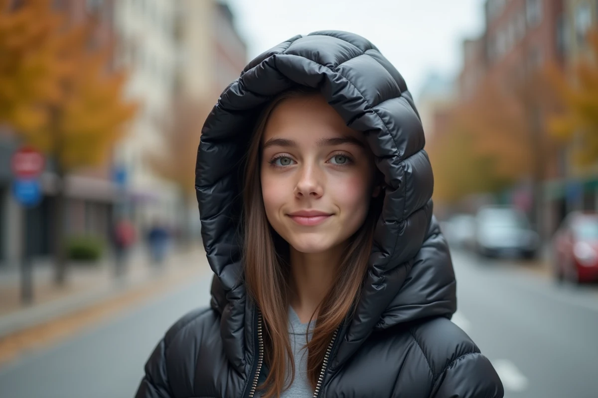 Adolescente portant une capuche doudoune seule sur un sweat en milieu urbain automnal