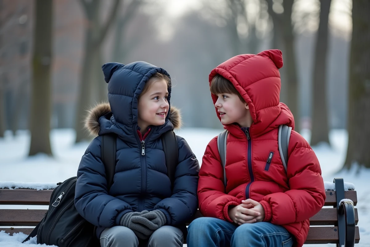 Deux adolescents avec des capuches doudoune colorées assis dans un parc en hiver
