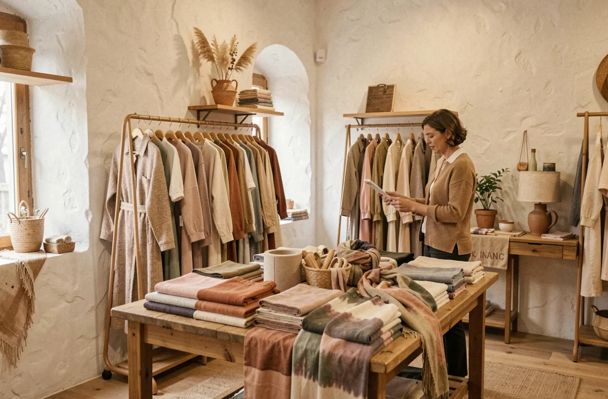 Boutique Carène Handler dans le Rhône, atelier intime avec textiles teints à la main et vêtements féminins drapés