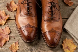 Paire de chaussures Oxford en cuir fabriquées en France, posées sur une surface en chêne, avec détails brogues et finition brunie à la main