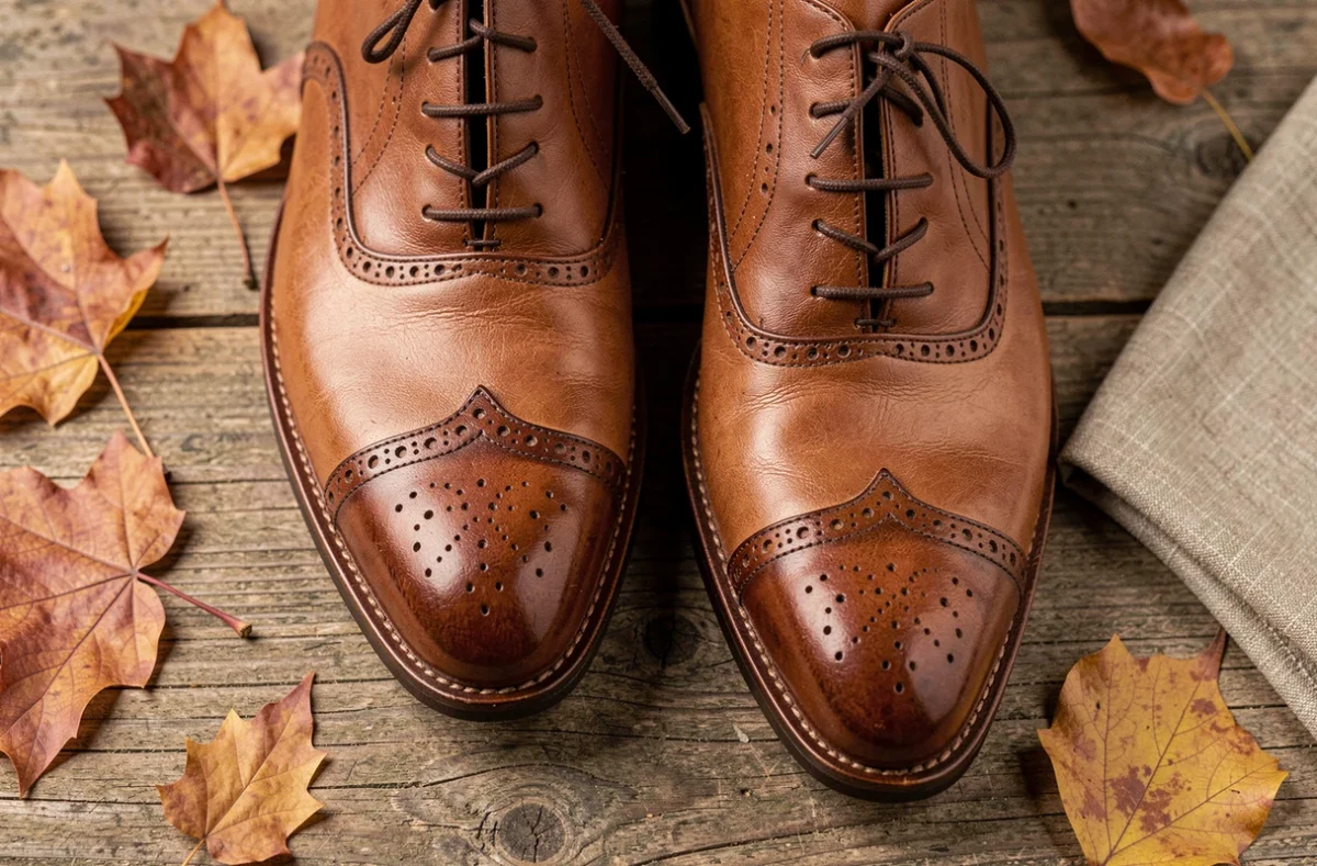 Paire de chaussures Oxford en cuir fabriquées en France, posées sur une surface en chêne, avec détails brogues et finition brunie à la main