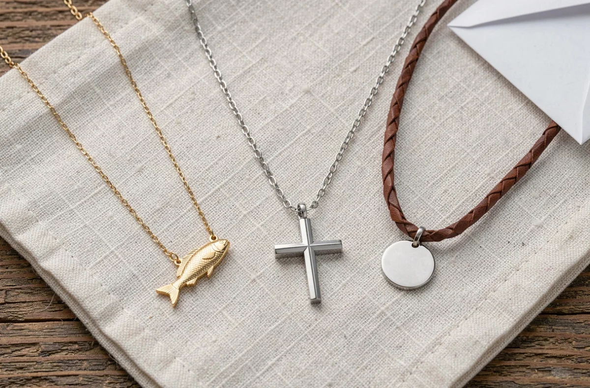 Sélection de colliers pour garçon ado posés sur lin blanc, idées cadeaux communion et confirmation