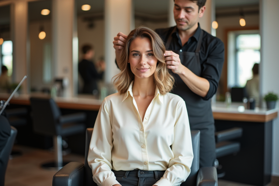 Femme souriante avec un nouveau coiffure bob dans un salon