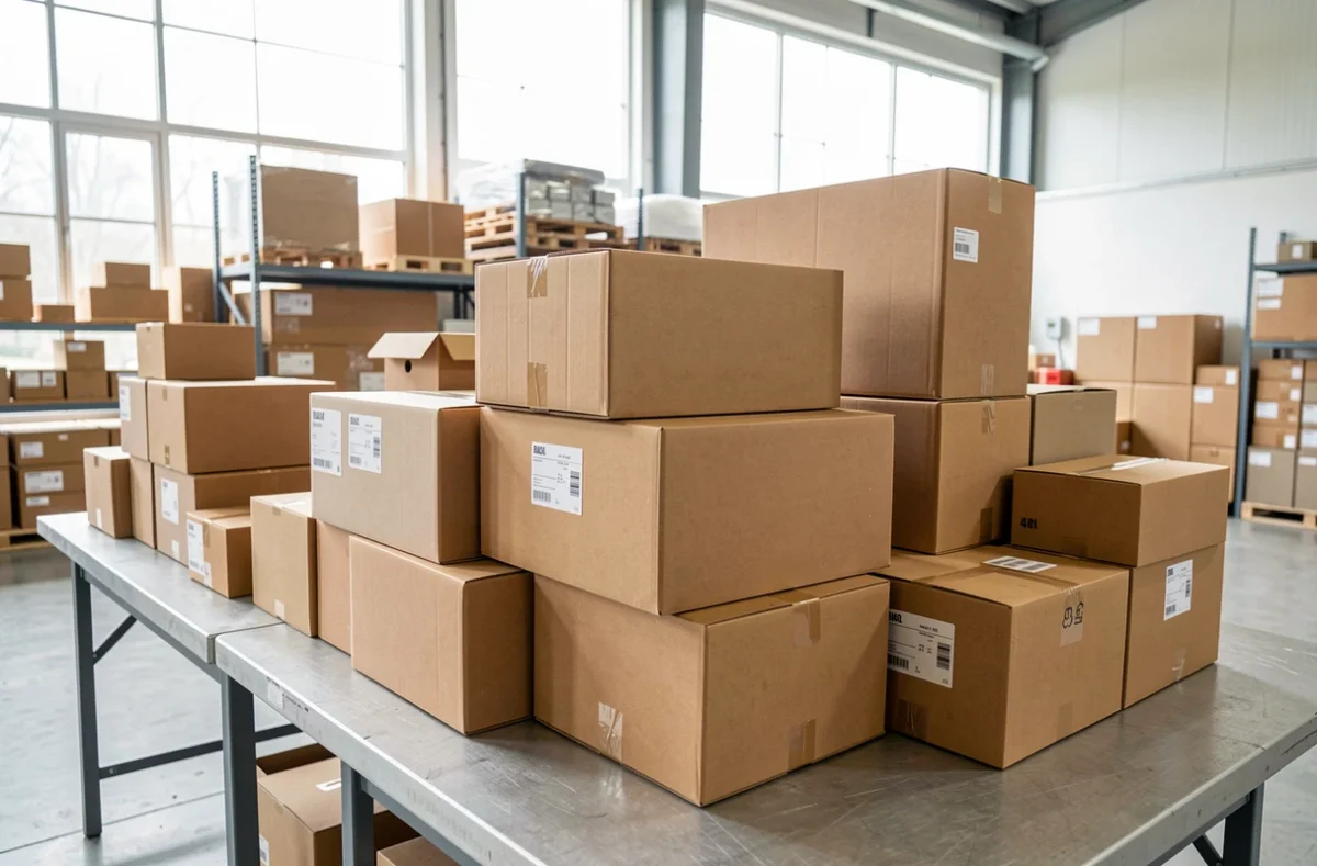 Colis et boîtes à chaussures empilés dans un entrepôt