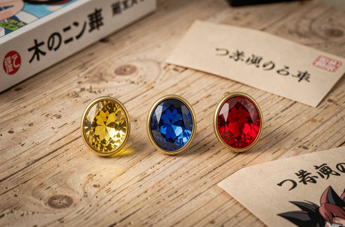 Trois boucles d'oreilles Potara Dragon Ball de couleurs différentes posées sur bois clair, vue à plat style collection anime