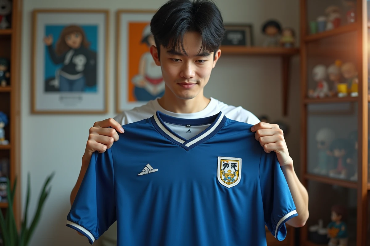 Collectionneur examinant un maillot rare Blue Lock avec patch holographique d'authenticité dans une salle dédiée aux collectibles anime