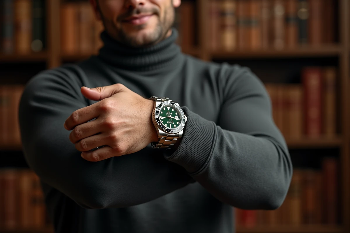 Collectionneur portant une Rolex GMT-Master II 126710GRNR au poignet dans une bibliothèque privée, cadrage éditorial