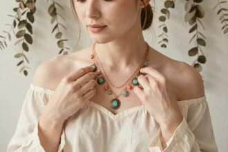 Femme à peau claire portant un collier bohémien superposé en or rose et laiton antique avec pierres turquoise et corail, tenue en lin crème, fond mural blanchi