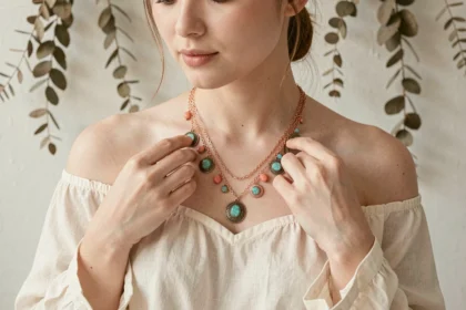 Femme à peau claire portant un collier bohémien superposé en or rose et laiton antique avec pierres turquoise et corail, tenue en lin crème, fond mural blanchi