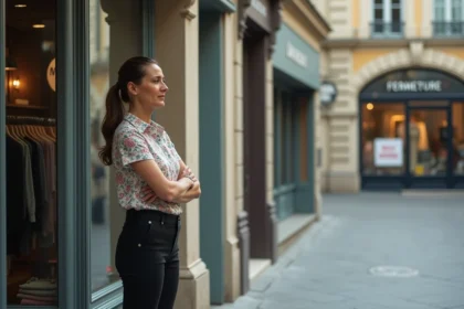 Commerçante inquiète devant la fermeture d'un grand magasin Zara dans une rue piétonne