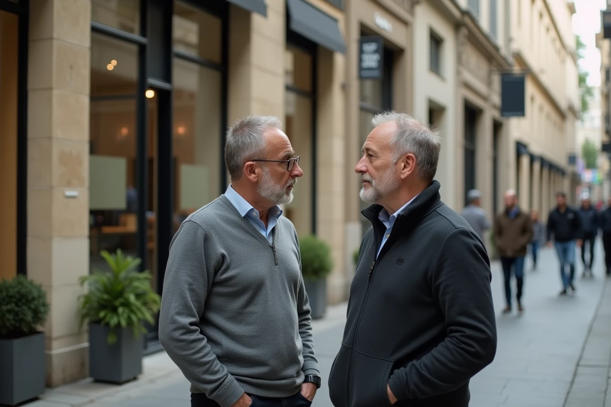 Deux commerçants voisins discutant avec inquiétude face à la fermeture d'un magasin Zara en centre-ville