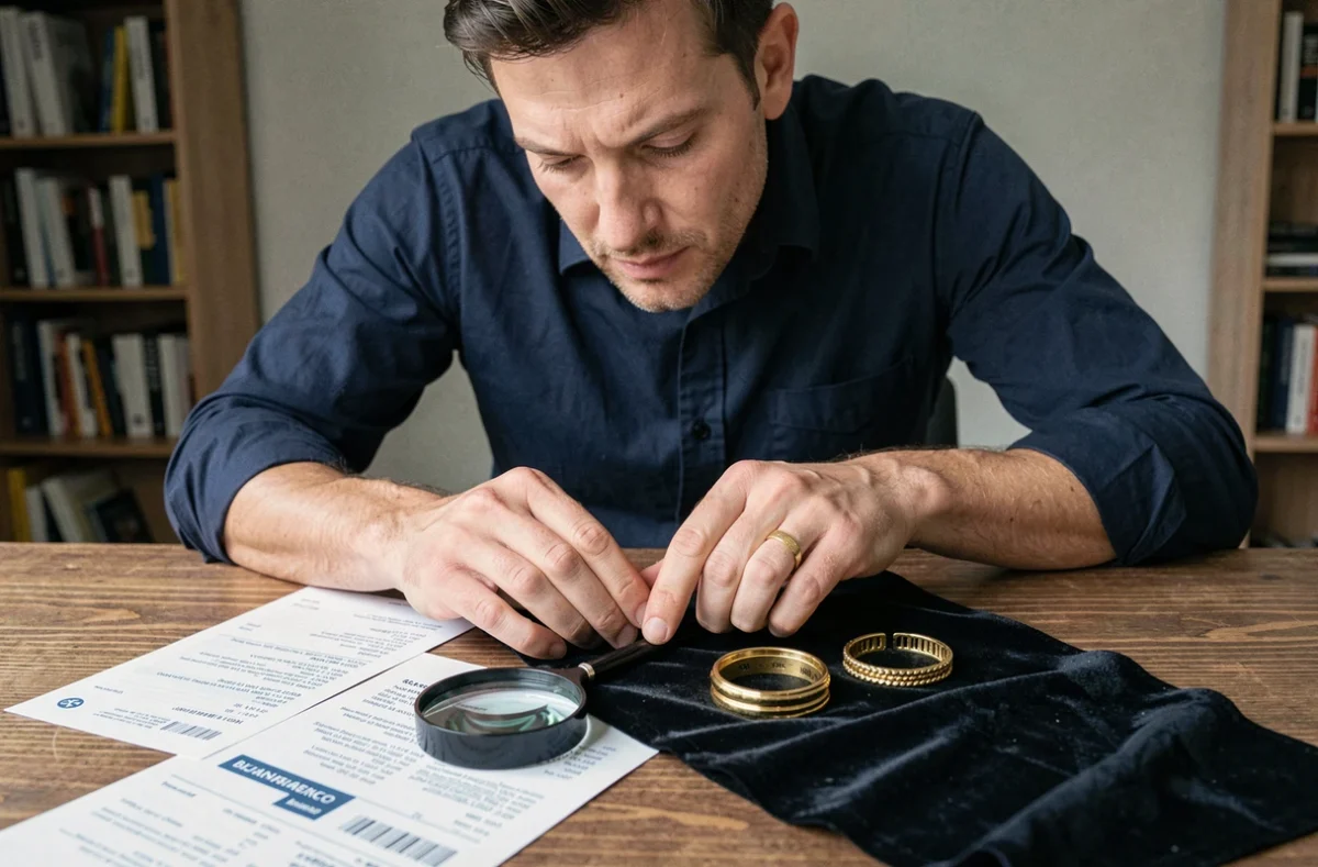 Homme comparant deux bracelets en or sur un bureau avec des documents de prix, pour éviter de payer trop cher