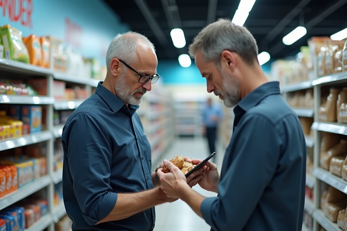 Homme comparant les informations d'une fiche produit en magasin avec son smartphone avant l'achat