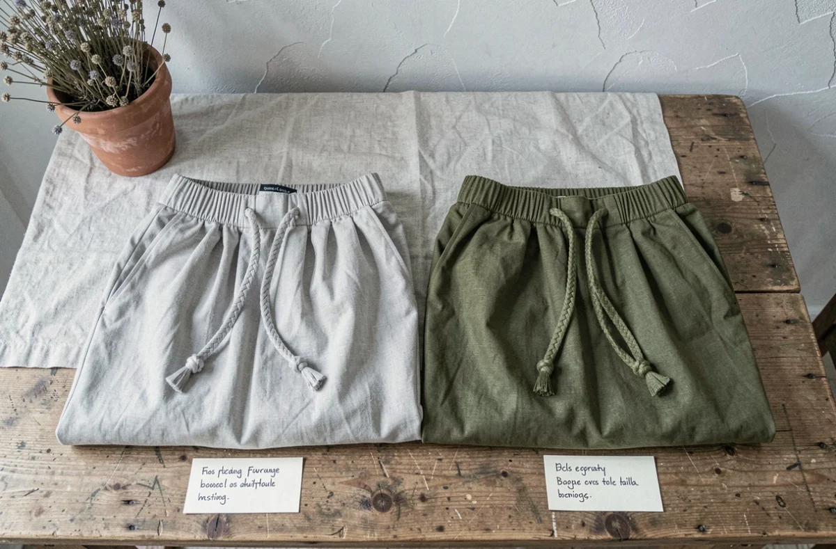 Comparaison à plat de deux sarouels, l'un à taille élastique et l'autre avec ceinture ajustable, sur une table en bois rustique