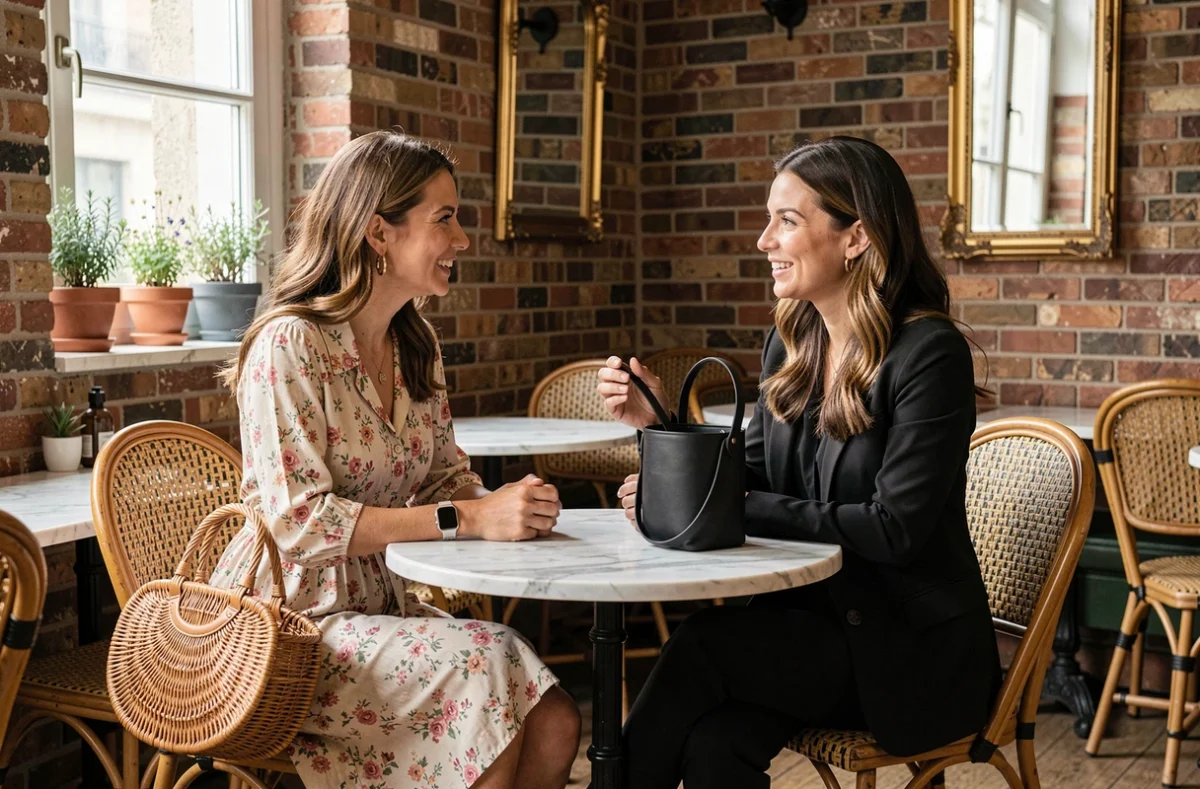 Deux femmes au café comparant un sac en osier avec une robe fleurie et un sac seau en cuir noir avec une tenue monochrome, guide association de sacs