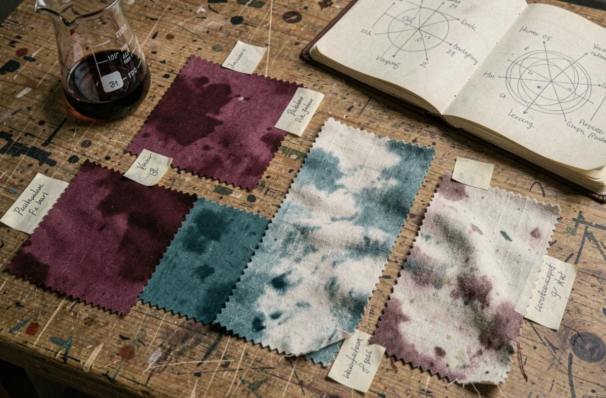 Comparaison de résultats de teinture sur des échantillons de tissu coton et mélange polyester posés sur un établi en bois avec des étiquettes manuscrites