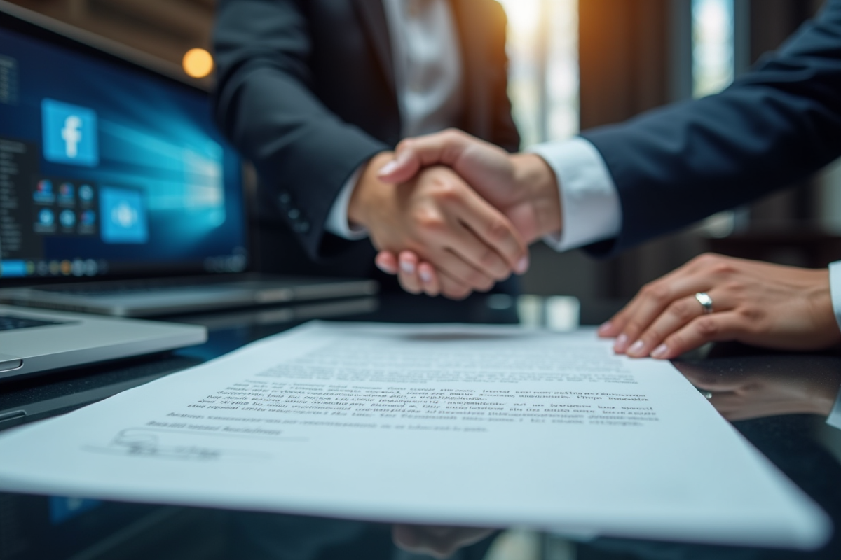 Gros plan sur contrat et argent avec poignée de main en arrière-plan