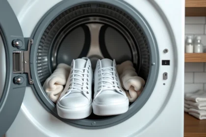 Paire de Converse blanches placées dans un lave-linge avec un filet à linge et des serviettes pour protéger les baskets pendant le lavage
