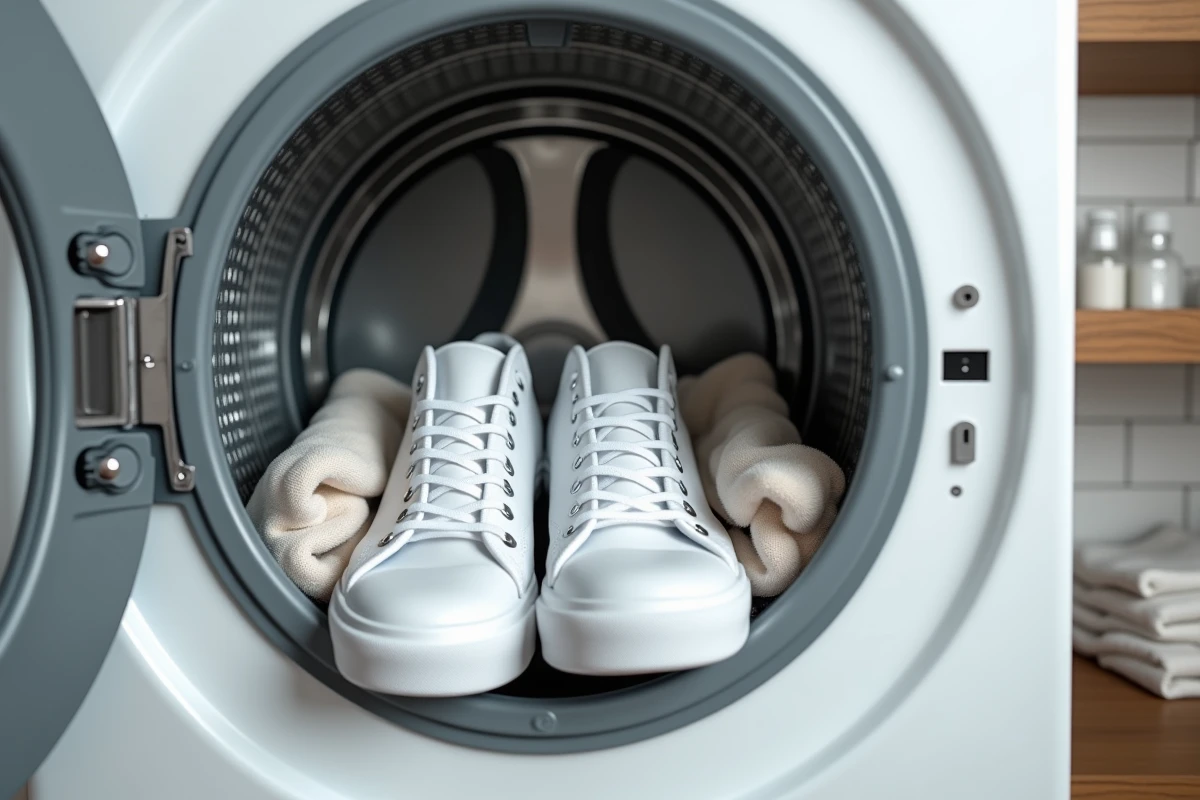 Paire de Converse blanches placées dans un lave-linge avec un filet à linge et des serviettes pour protéger les baskets pendant le lavage