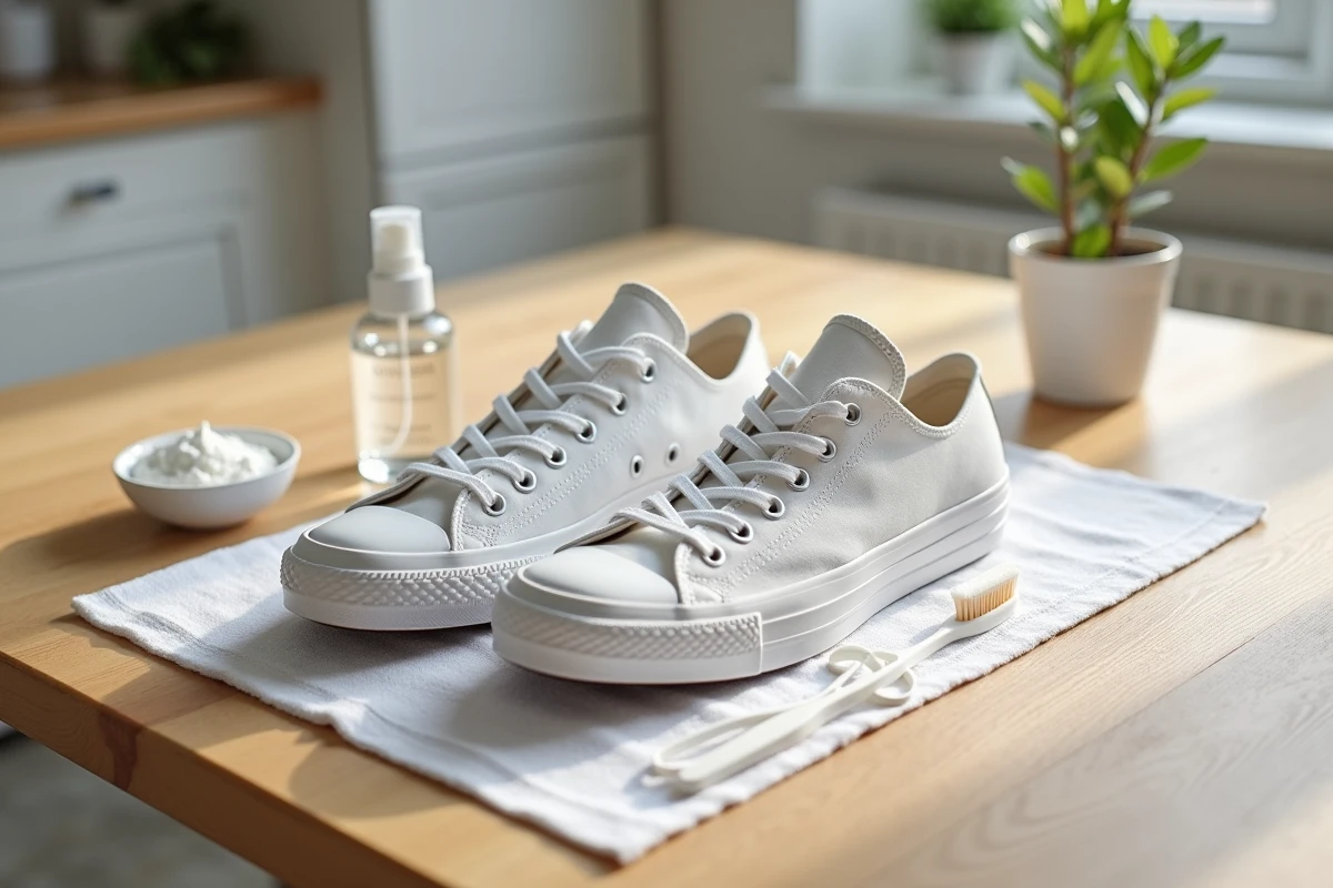 Converse blanches fraîchement lavées posées sur une serviette avec des accessoires de nettoyage après un passage en machine à laver