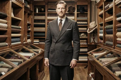 Homme portant un costume années 30 double boutonnage en laine grise dans une boutique de tailleur vintage